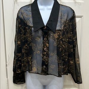 Ann Hill Elegant Black Gold Floral Sheer Blouse Jacket Medium VNeck Long Sleeve